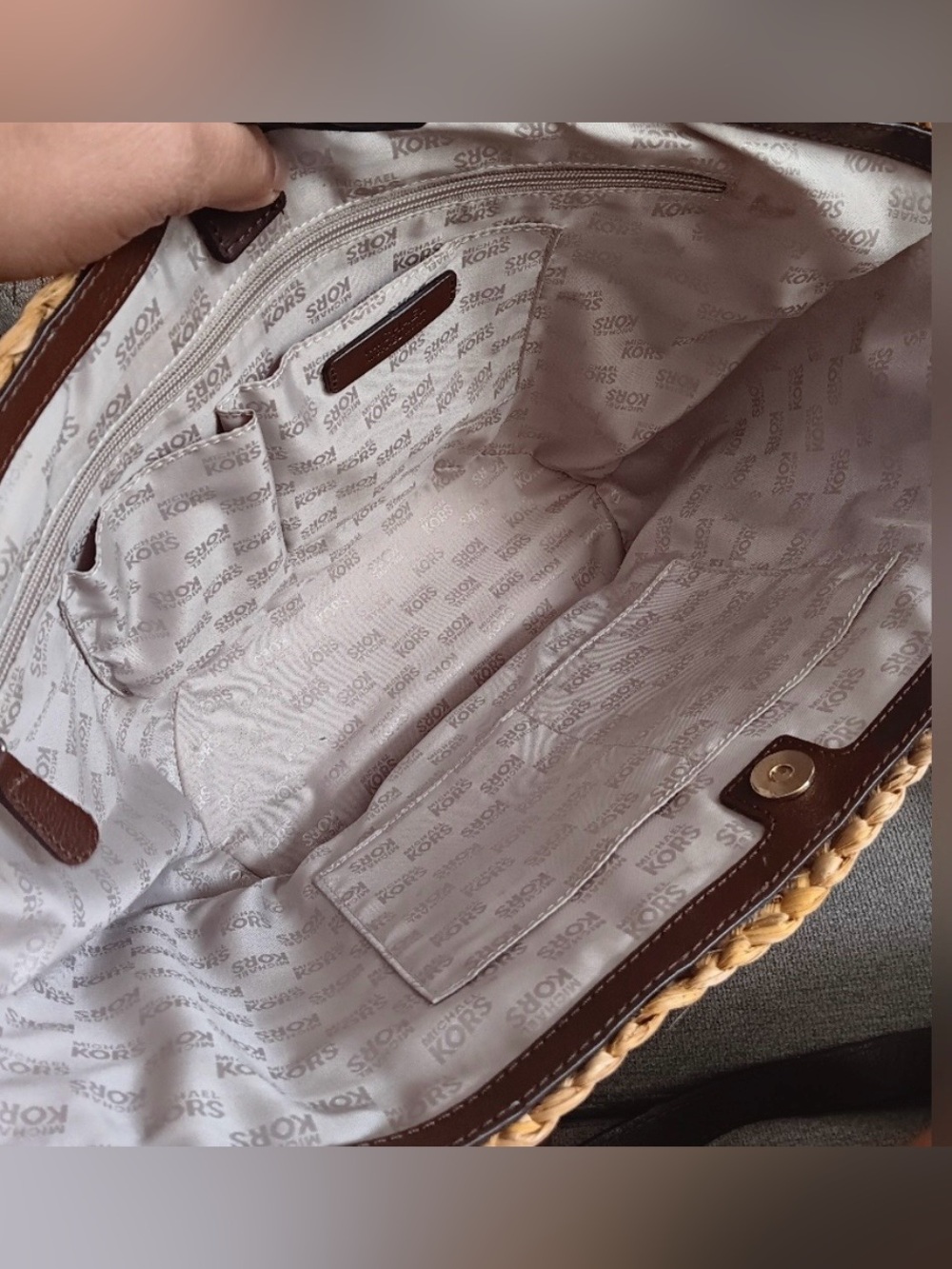 Michael Kors Natural Straw Tote with Dark Brown Leather Trim and Gold Hardware - Picture 8 of 11